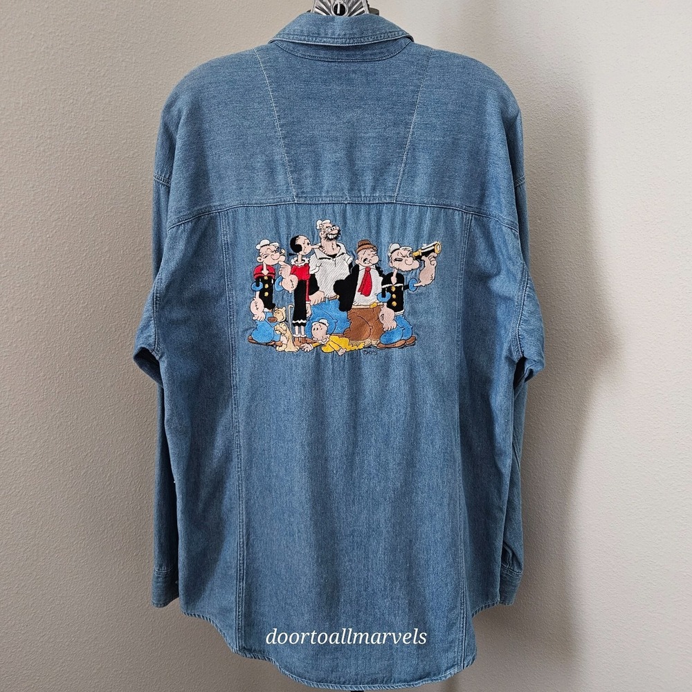 VTG '90s POPEYE Embroidered Denim Shirt Buttons Long Sleeve sz M - L Oversized